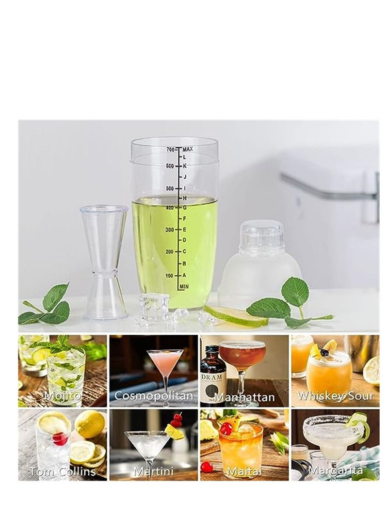 Plastic Cocktail Shaker, 4 Pcs 24oz Drink Mixer Drink Shaker, with 4 Pcs Ounce Cup, Plastic Shaker Bottle Tea Drink Mixer Cocktail Measuring Cup for Kitchen Bar Party Tools