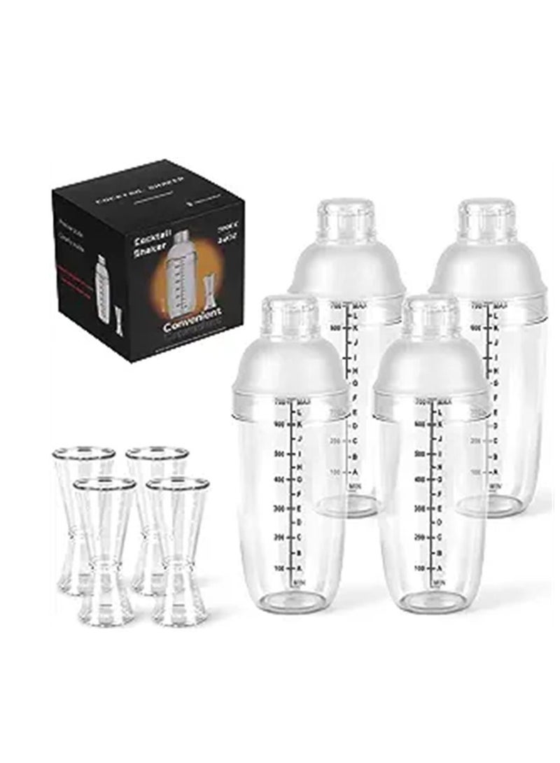 Plastic Cocktail Shaker, 4 Pcs 24oz Drink Mixer Drink Shaker, with 4 Pcs Ounce Cup, Plastic Shaker Bottle Tea Drink Mixer Cocktail Measuring Cup for Kitchen Bar Party Tools