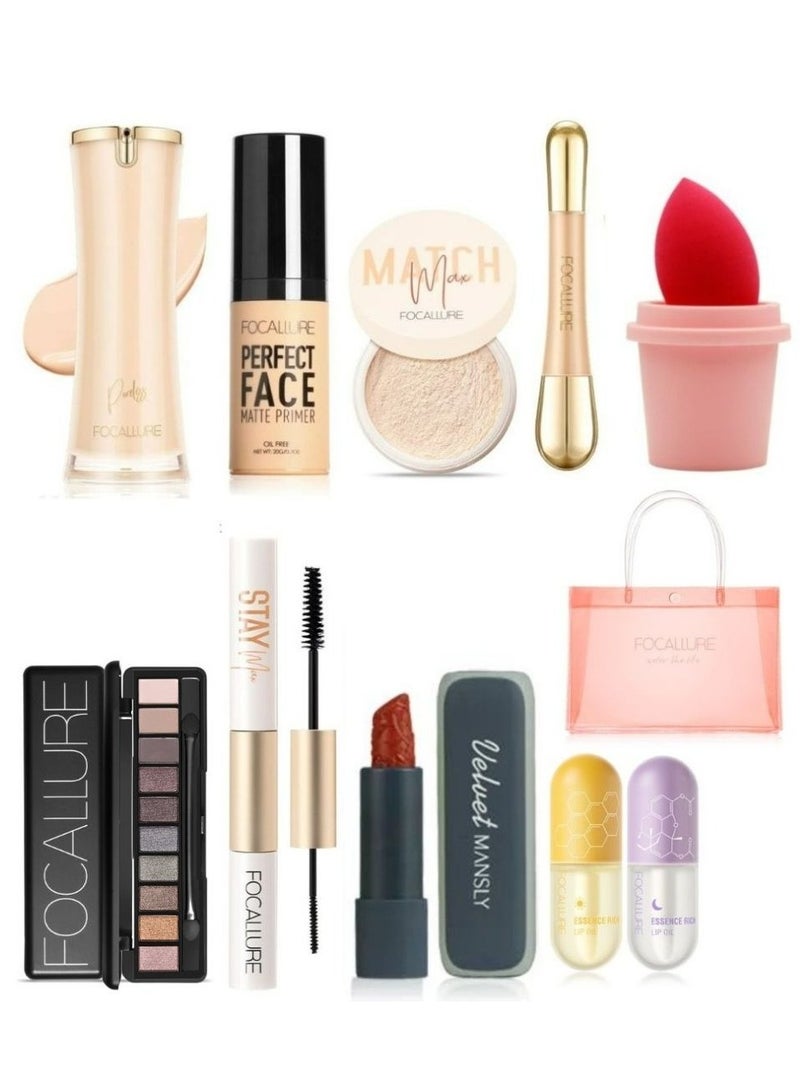 Set of Liquid Foundation+Face Matte Primer+Setting Powder+Concealer Brush+10 Color Eyeshadow Palette+Mascara & Eyeliner 2 in 1+Natural Lip Oil+Mansly Lip Stick+Makeup Sponge+Tote Bag