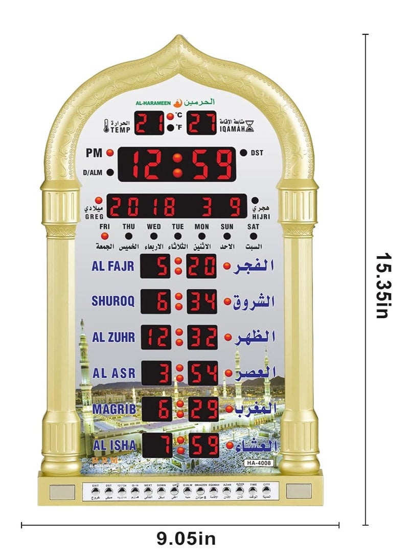 HA-4008 LED Digital Muslim Clock Islamic Wall Clock, Mosque Prayer Times Wall Clock, Masjid Clock with Complete Azaan (Gold)