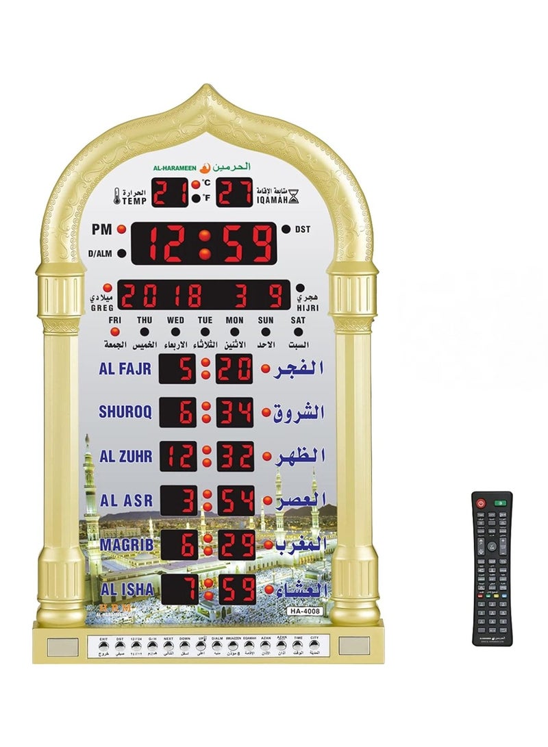 HA-4008 LED Digital Muslim Clock Islamic Wall Clock, Mosque Prayer Times Wall Clock, Masjid Clock with Complete Azaan (Gold)