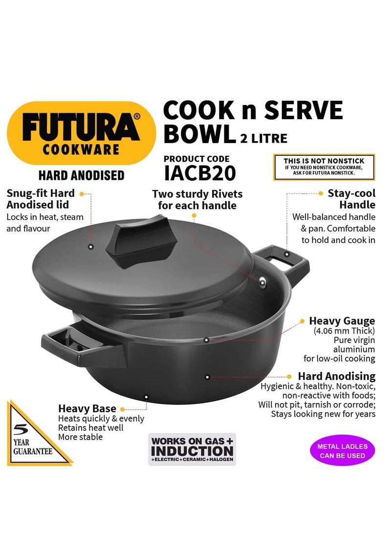 Hawkins Aluminium Futura 2 Litre Cook N Serve Bowl Hard Anodised Saucepan and Lid Sauce Pan for Cooking Black Bowl for Serving Black (Iacb20) Polished 2 Liter