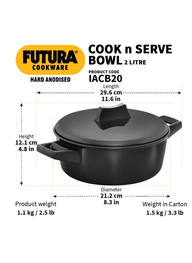 Hawkins Aluminium Futura 2 Litre Cook N Serve Bowl Hard Anodised Saucepan and Lid Sauce Pan for Cooking Black Bowl for Serving Black (Iacb20) Polished 2 Liter