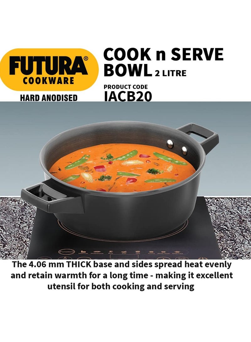 Hawkins Aluminium Futura 2 Litre Cook N Serve Bowl Hard Anodised Saucepan and Lid Sauce Pan for Cooking Black Bowl for Serving Black (Iacb20) Polished 2 Liter