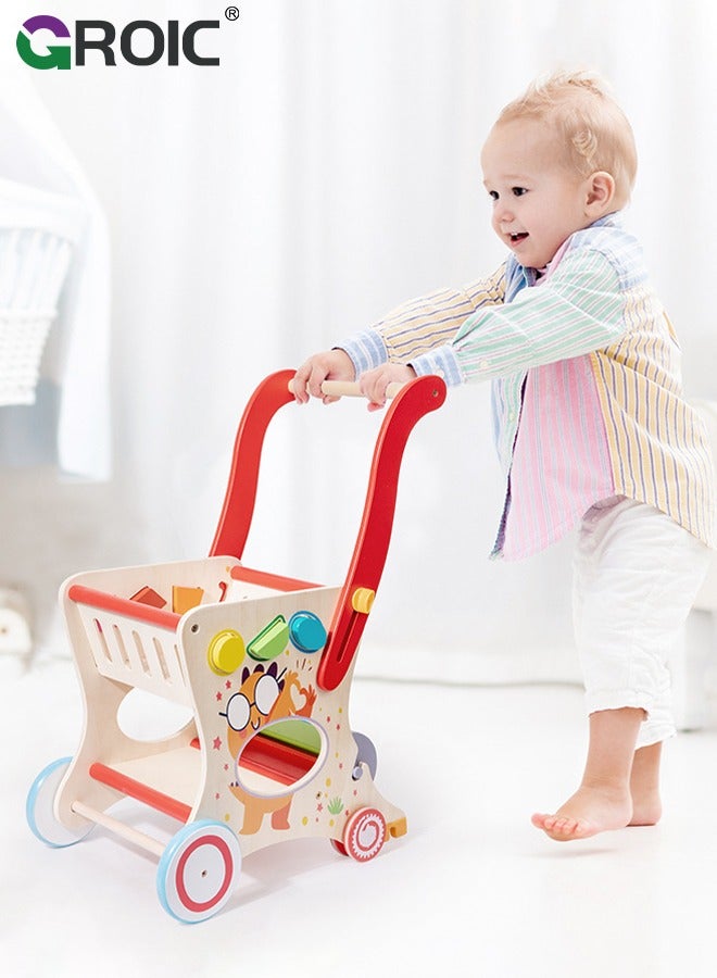 Wooden Baby Walker, Baby Push Walker for Kids, Toddler Shopping Cart for Girl and Boy Shape Sorting Grocery Cart Push & Pull Toy,Kids Learning Walker Montessori Toys