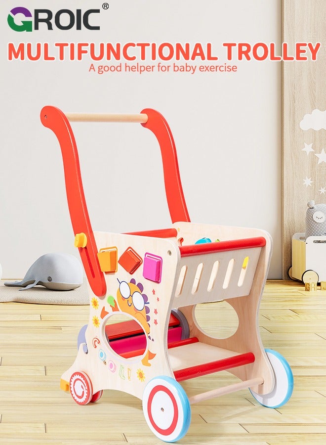 Wooden Baby Walker, Baby Push Walker for Kids, Toddler Shopping Cart for Girl and Boy Shape Sorting Grocery Cart Push & Pull Toy,Kids Learning Walker Montessori Toys