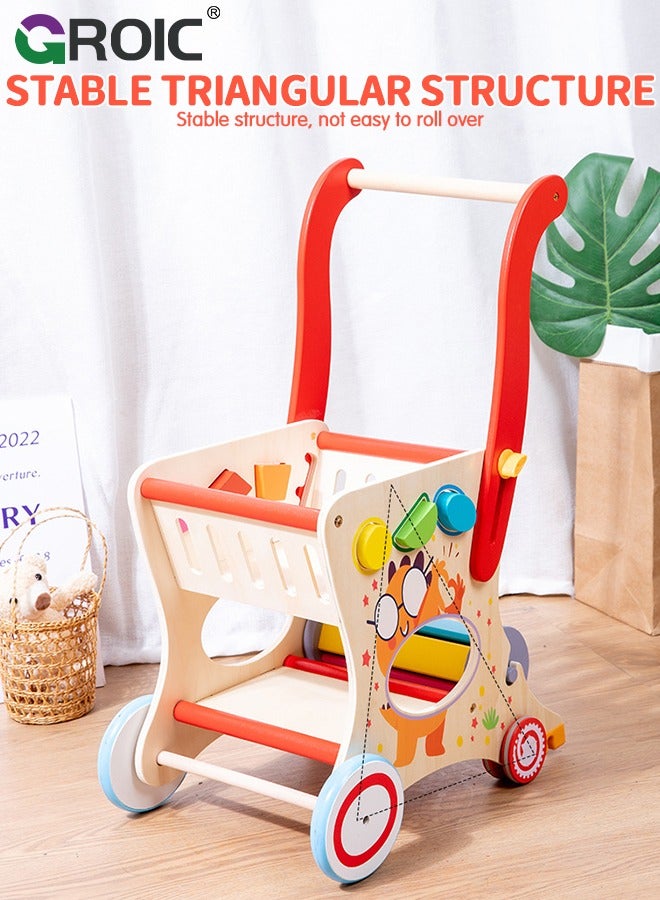 Wooden Baby Walker, Baby Push Walker for Kids, Toddler Shopping Cart for Girl and Boy Shape Sorting Grocery Cart Push & Pull Toy,Kids Learning Walker Montessori Toys