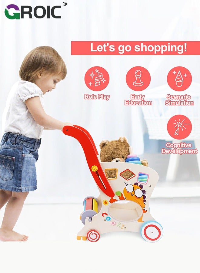 Wooden Baby Walker, Baby Push Walker for Kids, Toddler Shopping Cart for Girl and Boy Shape Sorting Grocery Cart Push & Pull Toy,Kids Learning Walker Montessori Toys