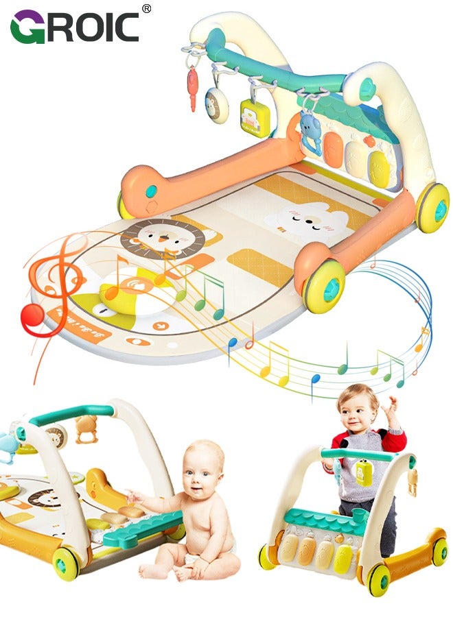 3 in 1 Baby Play Mat Baby Gym, Floor Activity Center and Infant Baby Walker, Music & Lighting, Educational Toys Toddler Push Walker, Play Piano Tummy Time, Infant Learning Sensory Play Mat