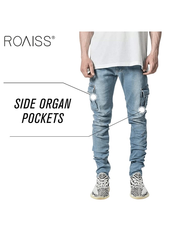 Men'S Fashionable Elastic Pocket Jeans Side Flap Pocket Tight Pants Micro Elastic Versatile Pencil Pants