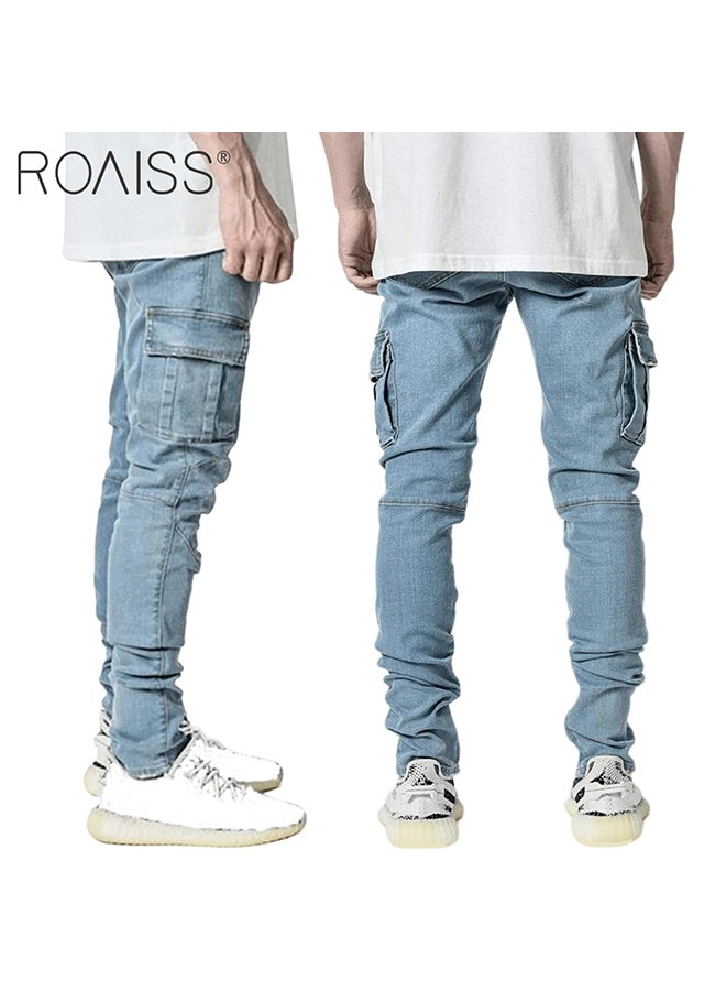 Men'S Fashionable Elastic Pocket Jeans Side Flap Pocket Tight Pants Micro Elastic Versatile Pencil Pants