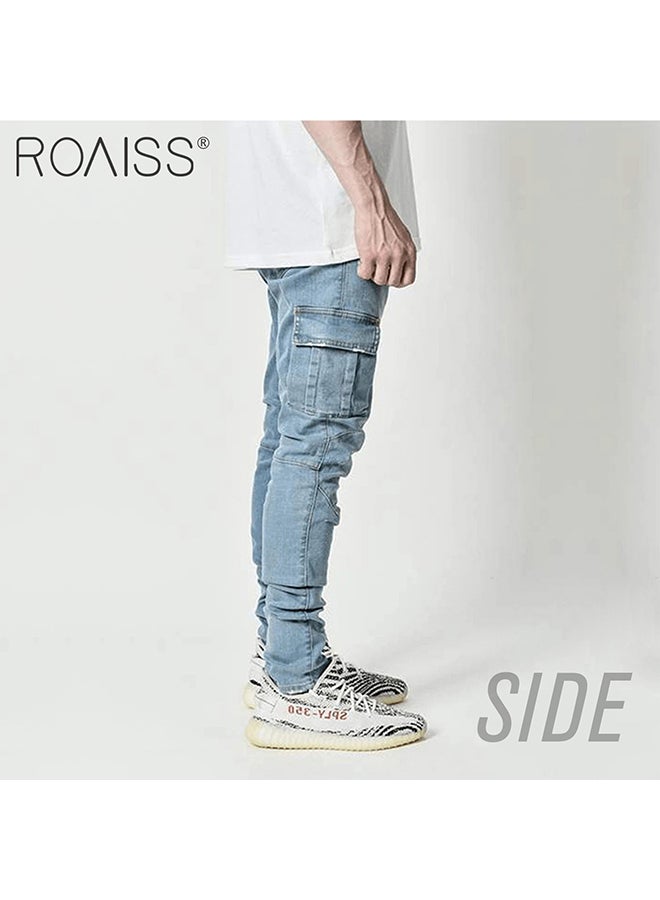 Men'S Fashionable Elastic Pocket Jeans Side Flap Pocket Tight Pants Micro Elastic Versatile Pencil Pants