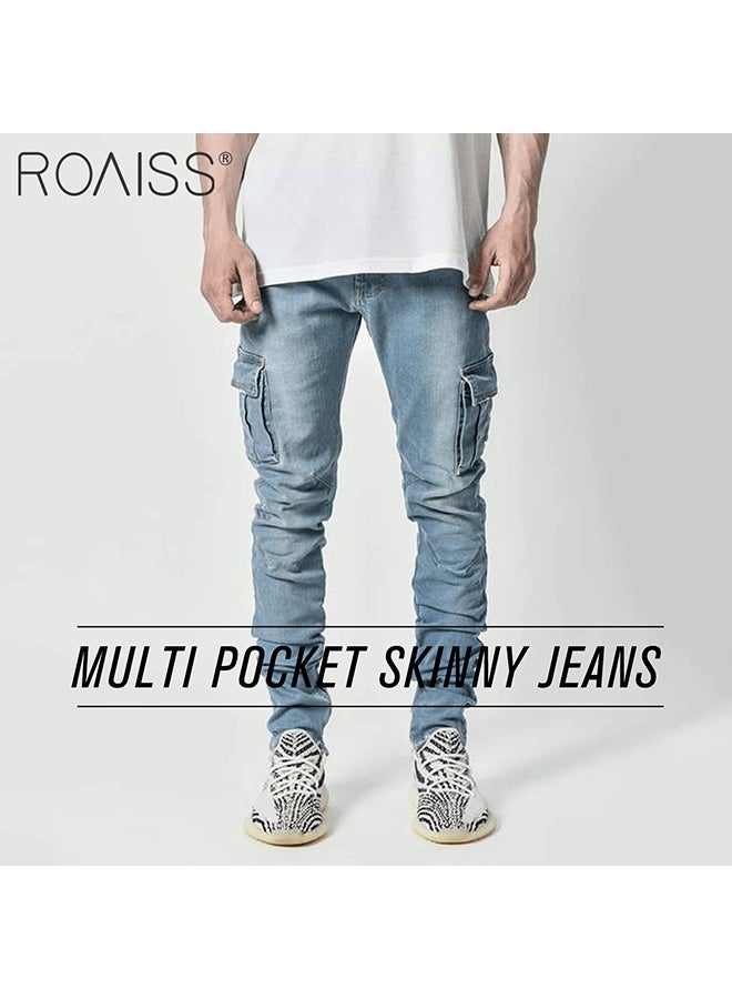 Men'S Fashionable Elastic Pocket Jeans Side Flap Pocket Tight Pants Micro Elastic Versatile Pencil Pants