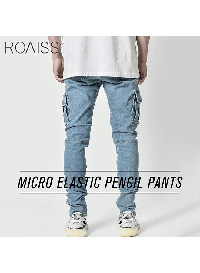 Men'S Fashionable Elastic Pocket Jeans Side Flap Pocket Tight Pants Micro Elastic Versatile Pencil Pants