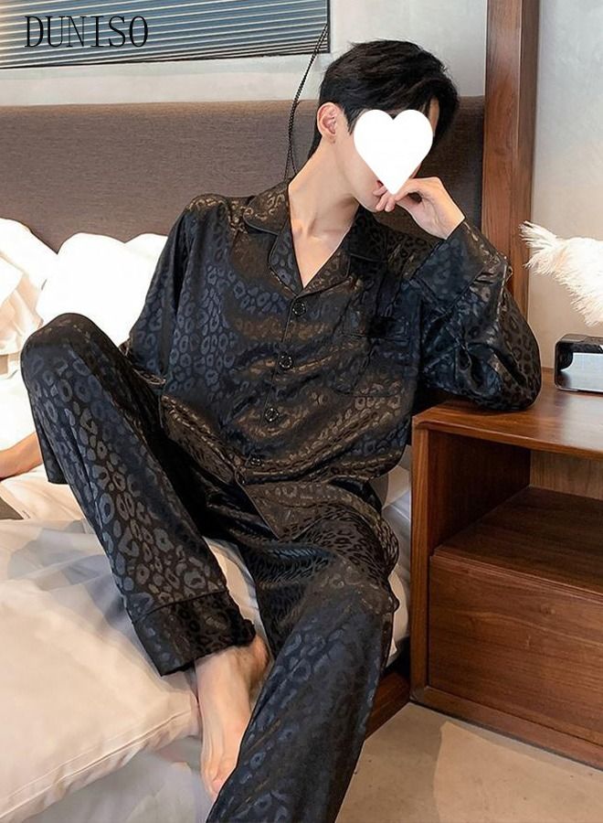 2-Piece Pajamas Sets For Men Long Sleeves and Trousers Silk Homewear Full Button-down Top with Notch Collar Shirt Sleepwear Set Spring Autumn Luxury Loungewear