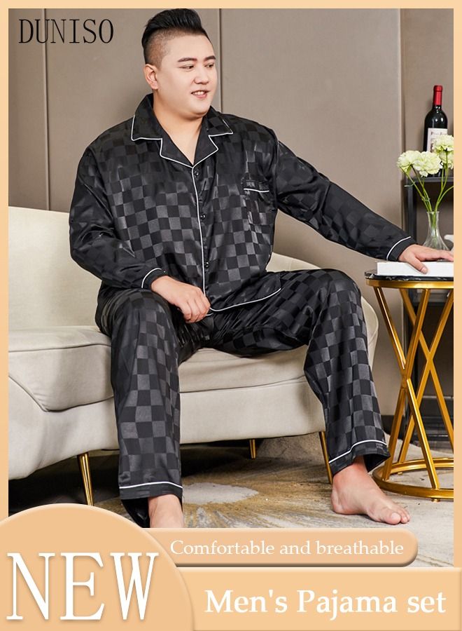 2-piece Extra Large Men' s Pajama Set Silk Satin Long Sleeve Sleepwear with Button Classic Loungewear Nightwear Notch Neck Shirt and Waist Elastic Pants Pajama for Chubby Men