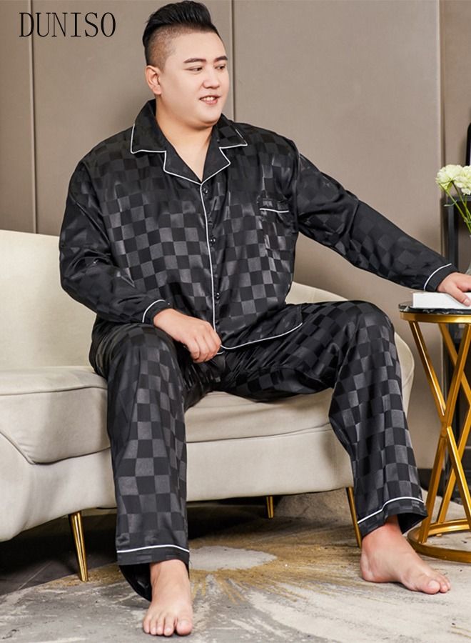 2-piece Extra Large Men' s Pajama Set Silk Satin Long Sleeve Sleepwear with Button Classic Loungewear Nightwear Notch Neck Shirt and Waist Elastic Pants Pajama for Chubby Men