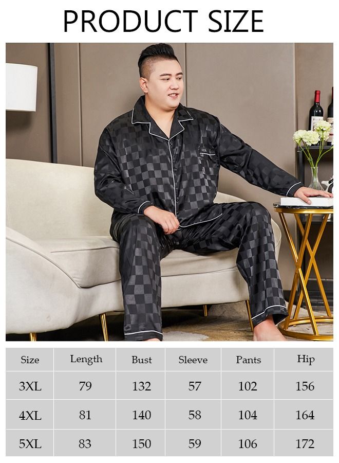 2-piece Extra Large Men' s Pajama Set Silk Satin Long Sleeve Sleepwear with Button Classic Loungewear Nightwear Notch Neck Shirt and Waist Elastic Pants Pajama for Chubby Men