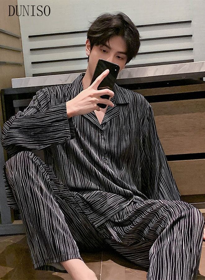 2-piece Men' s Pajama Set Silk Satin Long Sleeve Sleepwear with Button Classic Loungewear Nightwear Notch Neck Shirt and Waist Elastic Pants Pajama for Men