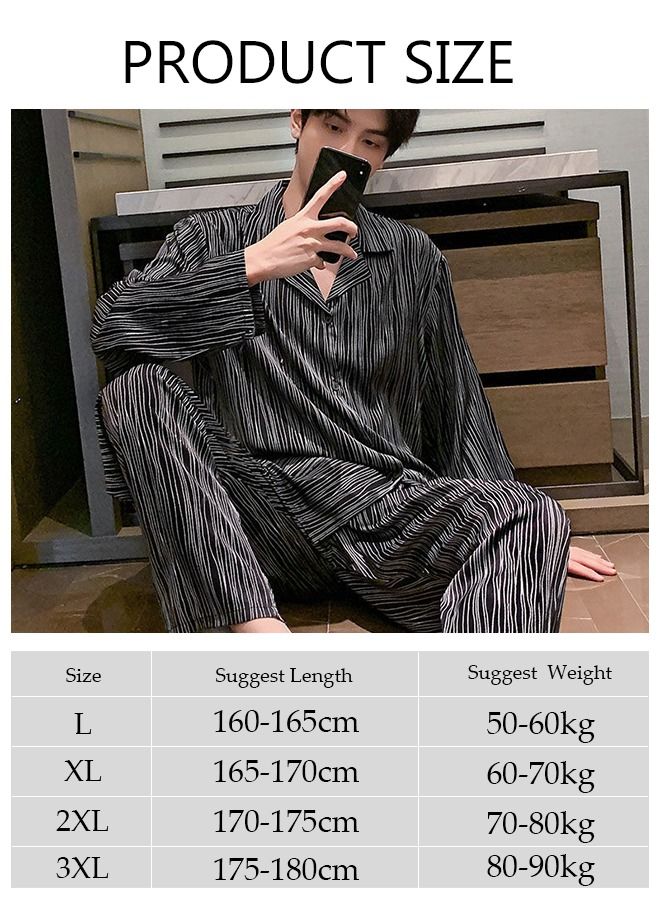 2-piece Men' s Pajama Set Silk Satin Long Sleeve Sleepwear with Button Classic Loungewear Nightwear Notch Neck Shirt and Waist Elastic Pants Pajama for Men