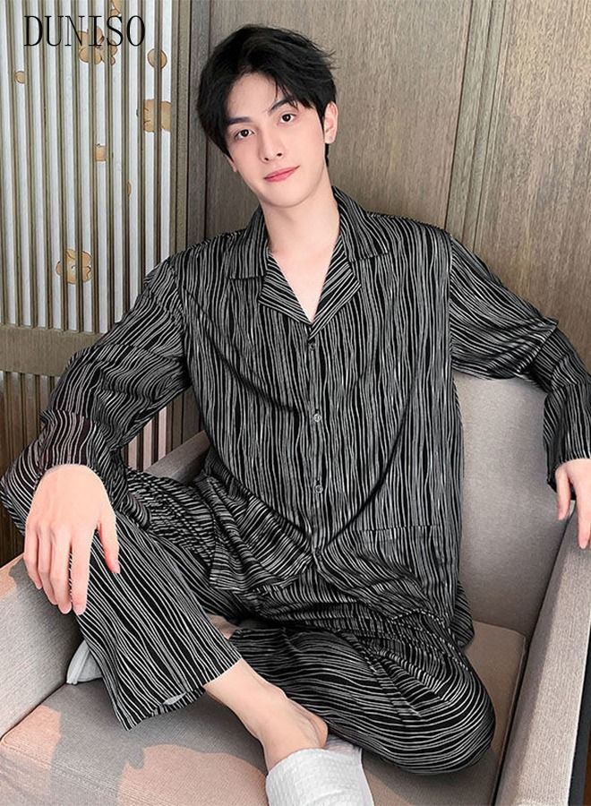 2-piece Men' s Pajama Set Silk Satin Long Sleeve Sleepwear with Button Classic Loungewear Nightwear Notch Neck Shirt and Waist Elastic Pants Pajama for Men