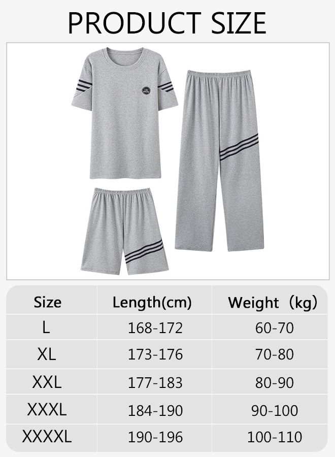 3-Piece Men's Pajamas Sets with Short Sleeves Trousers and Short Pants Males Round Neck Sleepwear Cotton Nightgown Loungewear  Homewear Clothes