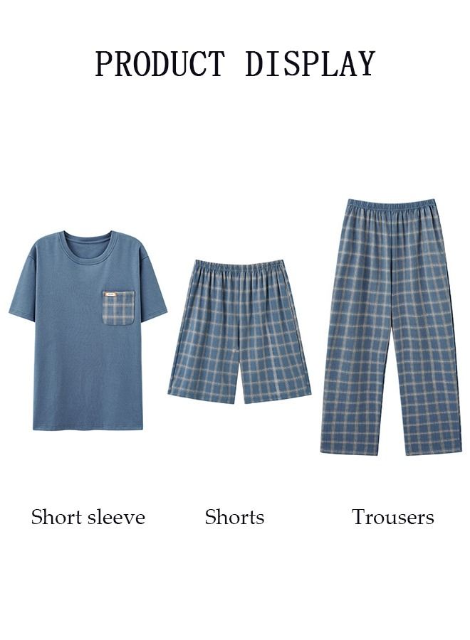 3-Piece Men's Pajamas Sets with Short Sleeves Grid Printing Trousers and Short Pants Males Round Neck Sleepwear Cotton Nightgown Loungewear  Homewear Clothes