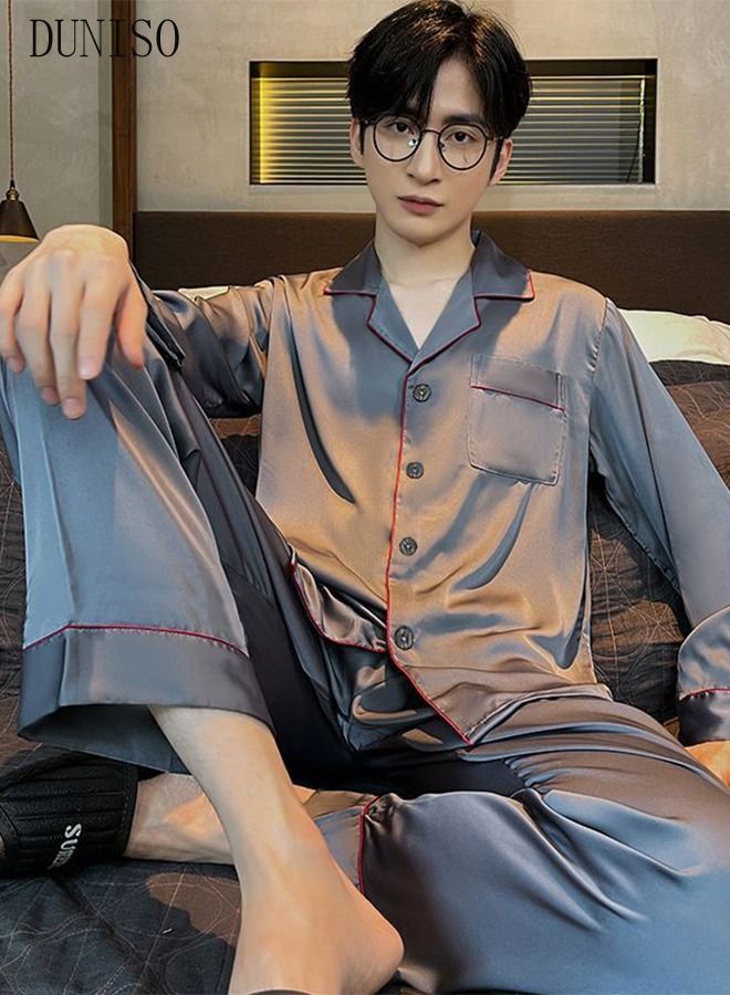 2-piece Men' s Pajama Sets Silk Satin Long Sleeve Sleepwear with Button Classic Loungewear Nightwear Notch Neck Shirt and Waist Elastic Pants Pajama Set for Men Black