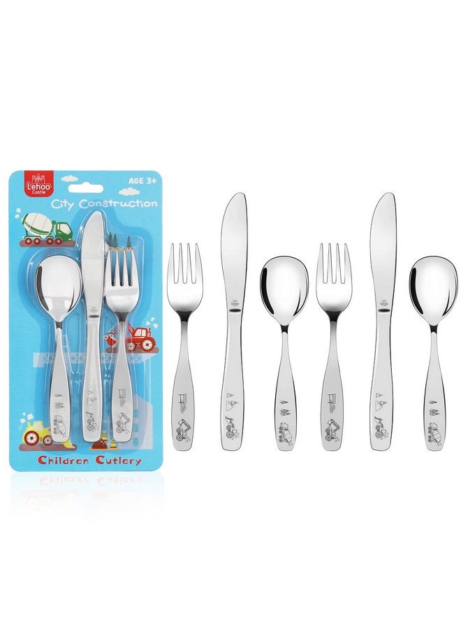 Kids Silverware Stainless Steel 6Pcs Toddler Spoons And Forks Knife Set Safe Children Flatware Silverware For Toddlers Toddler Utensils Self Feeding (Construction Vehicles)