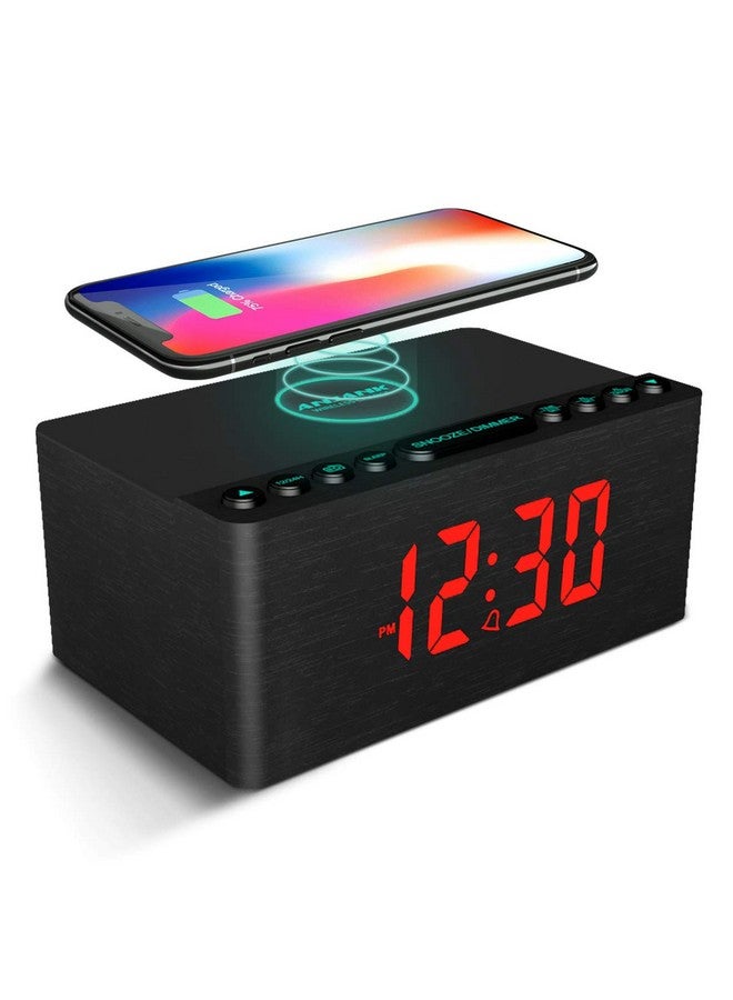 Wooden Digital Alarm Clock Fm Radiofast Wireless Charger Station For Iphone Samsungdimmable Led Displayusb Charging Portsleep Timerwood Modern Clock For Bedroom Bedside(Black)