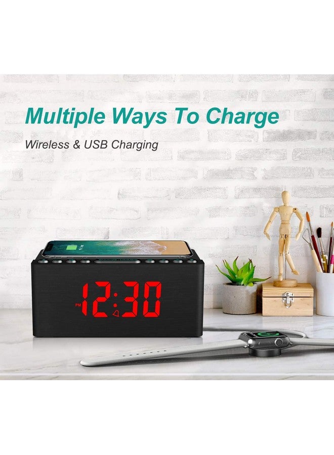 Wooden Digital Alarm Clock Fm Radiofast Wireless Charger Station For Iphone Samsungdimmable Led Displayusb Charging Portsleep Timerwood Modern Clock For Bedroom Bedside(Black)