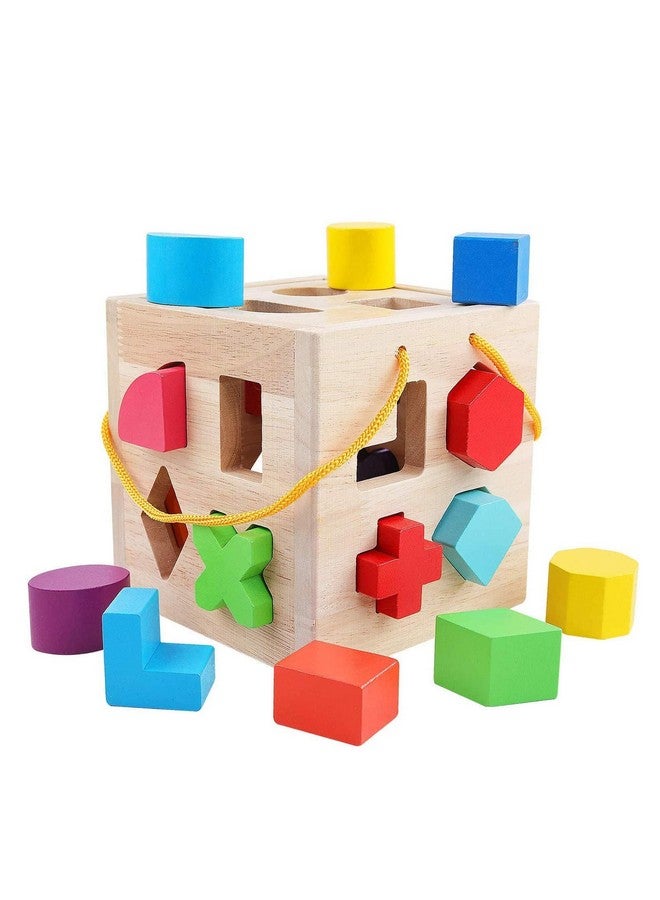 Shape Sorter Toys With 19 Shape Blocksshape Sorting Cube Toy Box Classic Wooden Toys For Toddlers Kidsgift For Girls Boys 24(Natural Solid Wood)