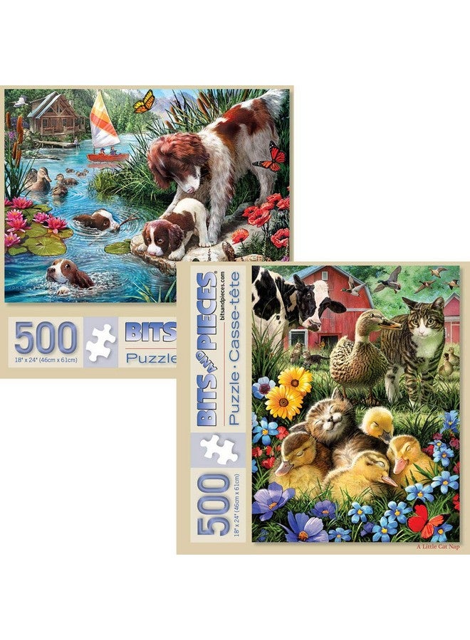 Value Set Of Two (2) 500 Piece Jigsaw Puzzles For Adults Cat Nap Puppy Swimming Each Puzzle Measures 18