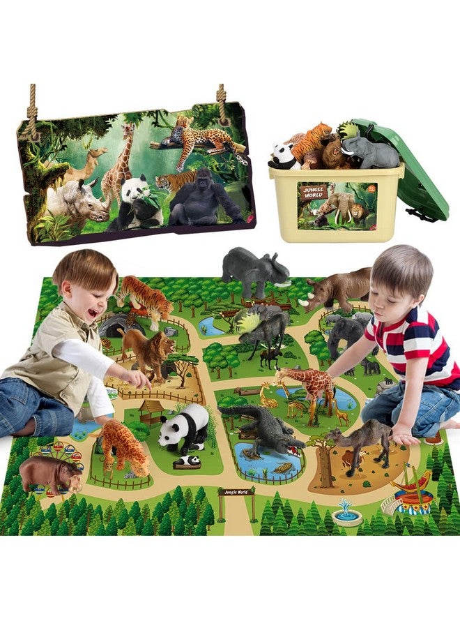 12 Pcs Safari Animals Figures Toys W/ 57X38.6’’ Large Activity Play Mat Realistic Jumbo Jungle Wild Zoo Animals Figurines Playset W/Elephant Giraffe Lion For Kids Boys