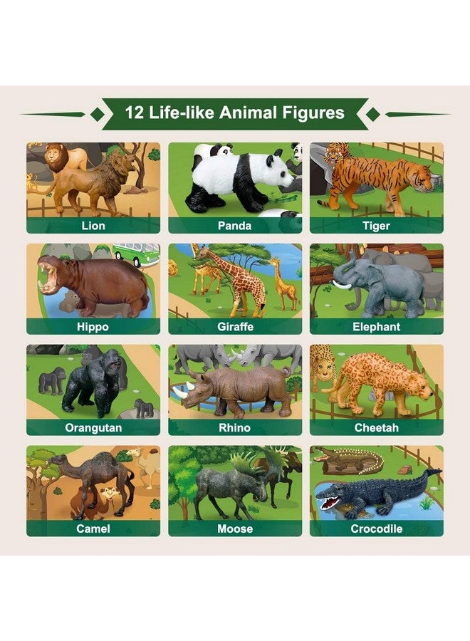 12 Pcs Safari Animals Figures Toys W/ 57X38.6’’ Large Activity Play Mat Realistic Jumbo Jungle Wild Zoo Animals Figurines Playset W/Elephant Giraffe Lion For Kids Boys