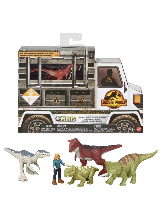 Jurassic World Toys Dominion Carnotaurus Clash Pack 5 Mini Toys Including 1 Human Figure & 4 Dinosaurs In Truckthemed Package