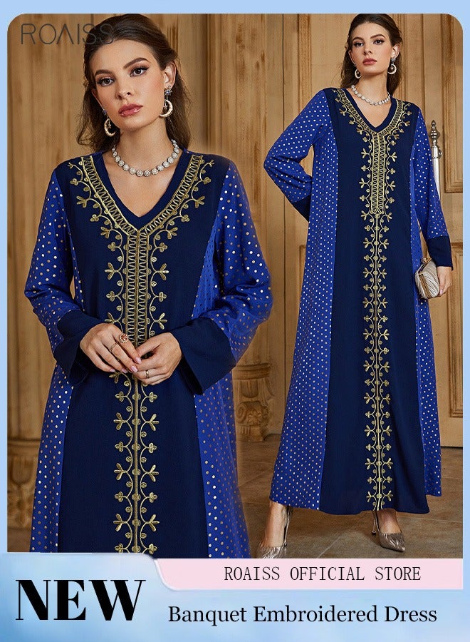 Women's Gilded Embroidered Pullover Dress Classic V-Neck Long Sleeve Design Banquet Dress Casual Loose Ankle Length Dress