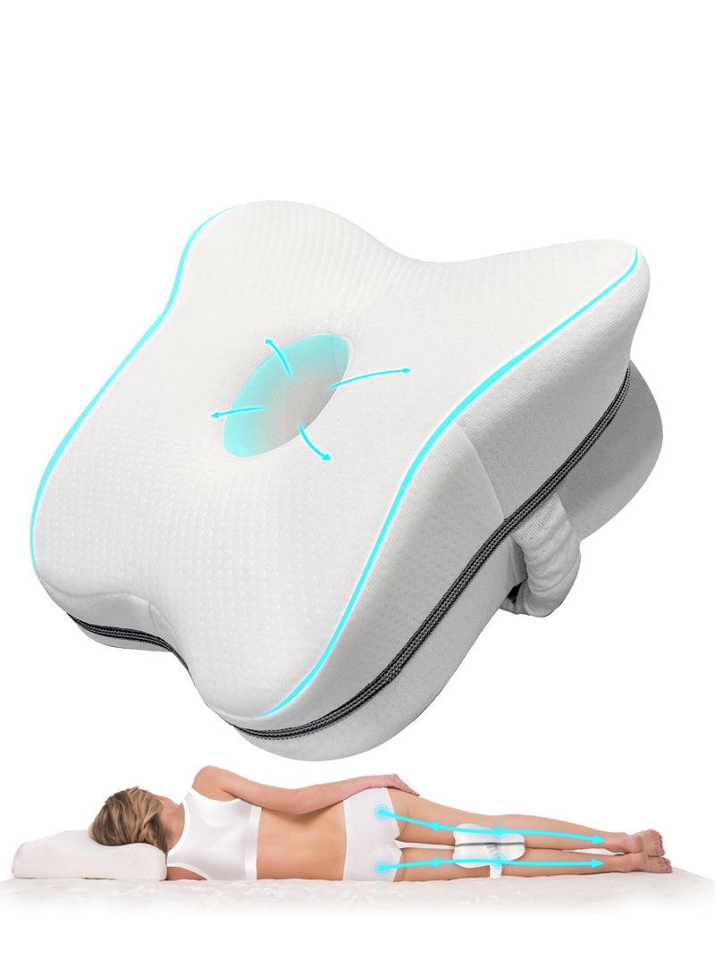 Memory Foam Knee Pillow for Side Sleepers, Ergonomic Contoured Support for Back, Hips, Knees , Pain Relief for Pregnancy, Sciatica ,Breathable Cover, Elastic Strap