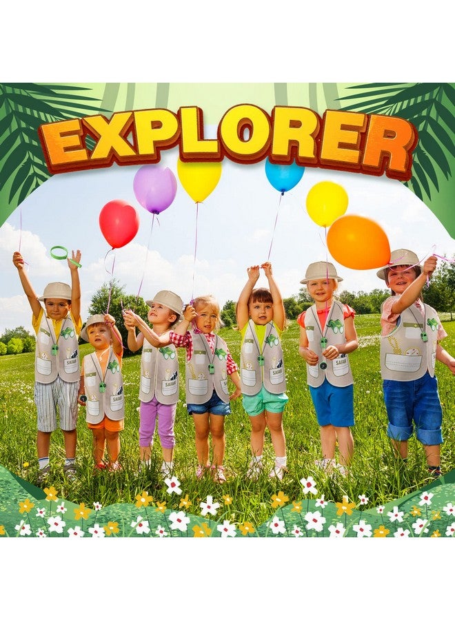 48 Pieces Kids Explorer Costume Toy Set Include 8 Safari Vest Plastic Hats Tote Bag Compass Whistle Magnifying Glass For Outdoor Activities Jungle Halloween Birthday Party Supplies