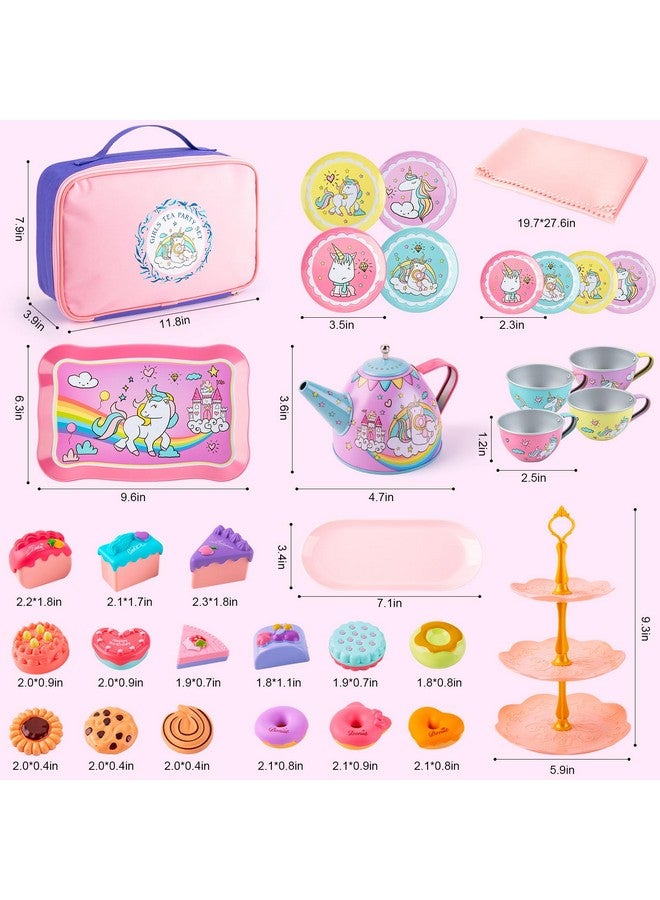 Tea Party Set For Little Girls Pretend Tin Teapot Set With Dessert Doughnut Cake Stand Tablecloth & Carrying Case Princess Tea Time Kitchen Pretend Play Toy For Girls Age 3 4 5 6