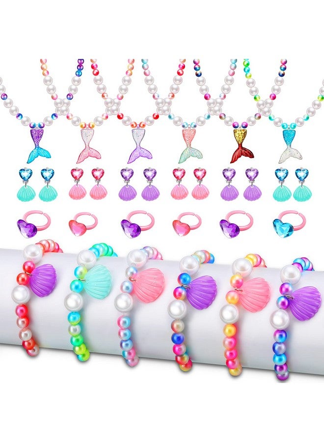 6 Pack 30 Pcs Mermaid Necklace Bracelet Set For Toddler Girls Mermaid Jewelry Kit Mermaid Party Favors Include Necklace Bracelet Ring Earring Gift Bag For Princess Birthday Party Accessories