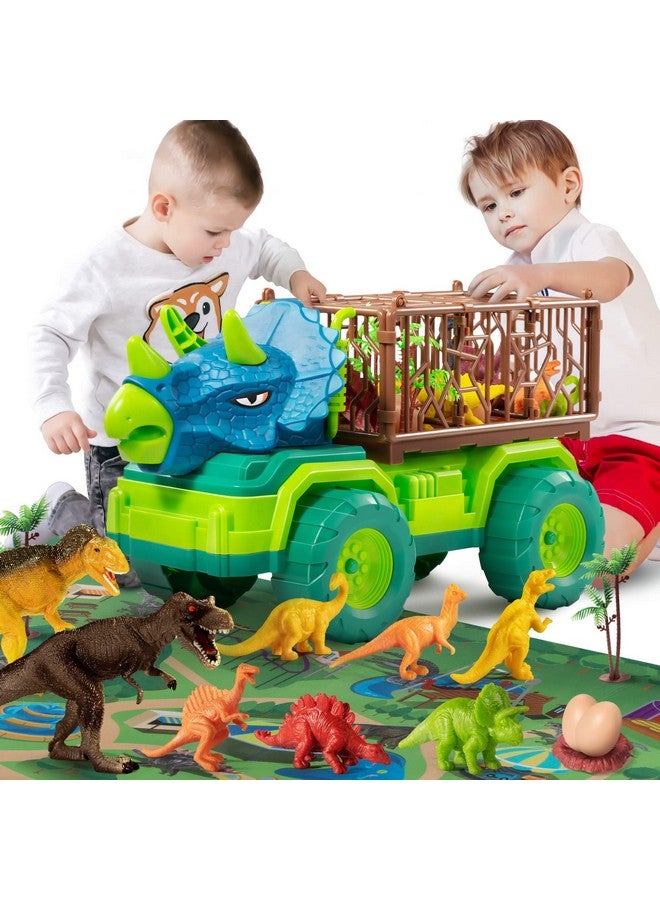 Dinosaur Truck Toys For Toddlers Kids 35 Triceratops Transport Car Carrier Truck With 8 Dino Figures Play Mat Dino Eggs And Trees Capture Jurassic Dinosaurs Play Set For Boys And Girls