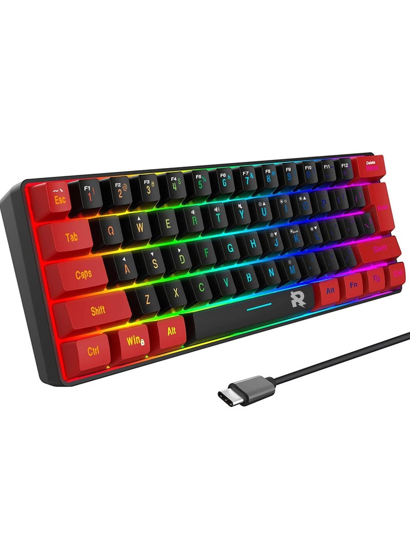 60% Wired Gaming Keyboard,True RGB Mini Keyboard, Waterproof Small Compact 61 Keys Keyboard for PC/Mac Gamer, Typist, Travel, Easy to Carry on Business Trip