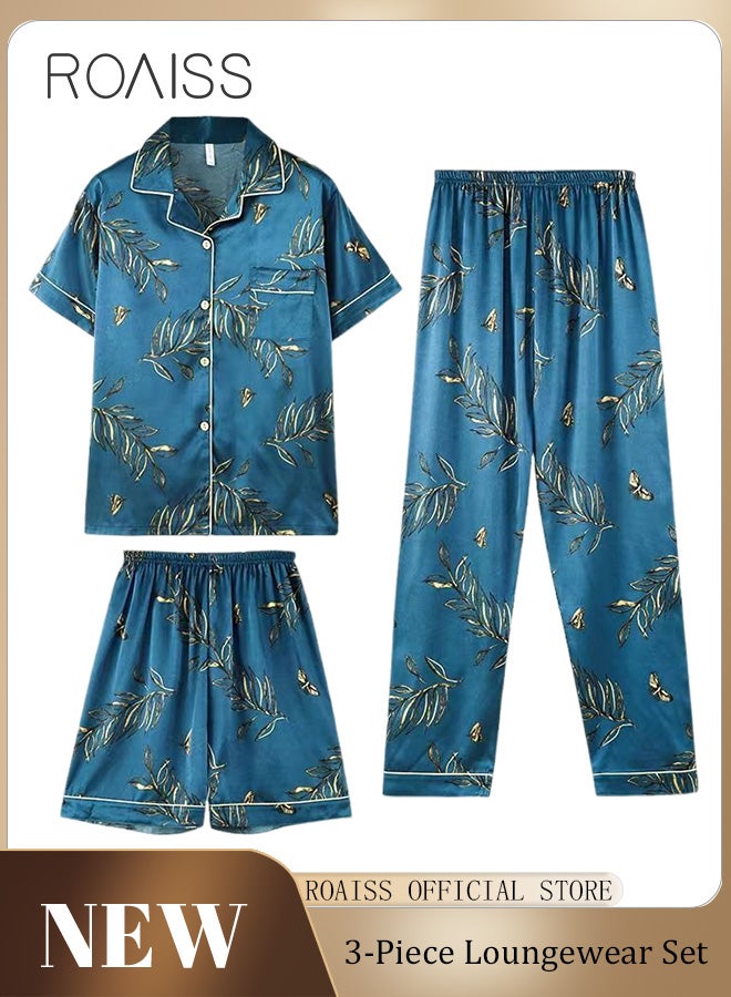 Men 3 Piece Loungewear Set   Short Sleeves Shorts & Long Pants   Ice Silk Pajamas Loose & Comfortable Skin Friendly Fabric