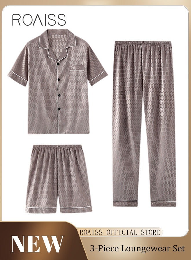 Men 3 Piece Loungewear Set   Short Sleeves Shorts & Long Pants   Ice Silk Pajamas Loose & Comfortable Skin Friendly Fabric