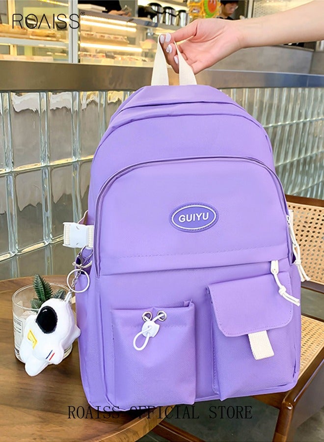 4 Pcs Letter Graphic Colorblock Backpack Set Sweet Large Capacity School Bag Bookbag Shoulder Totes Pencil Case for Kids Girls Middle School Students Purple/White