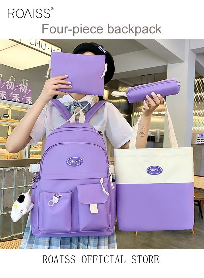 4 Pcs Letter Graphic Colorblock Backpack Set Sweet Large Capacity School Bag Bookbag Shoulder Totes Pencil Case for Kids Girls Middle School Students Purple/White