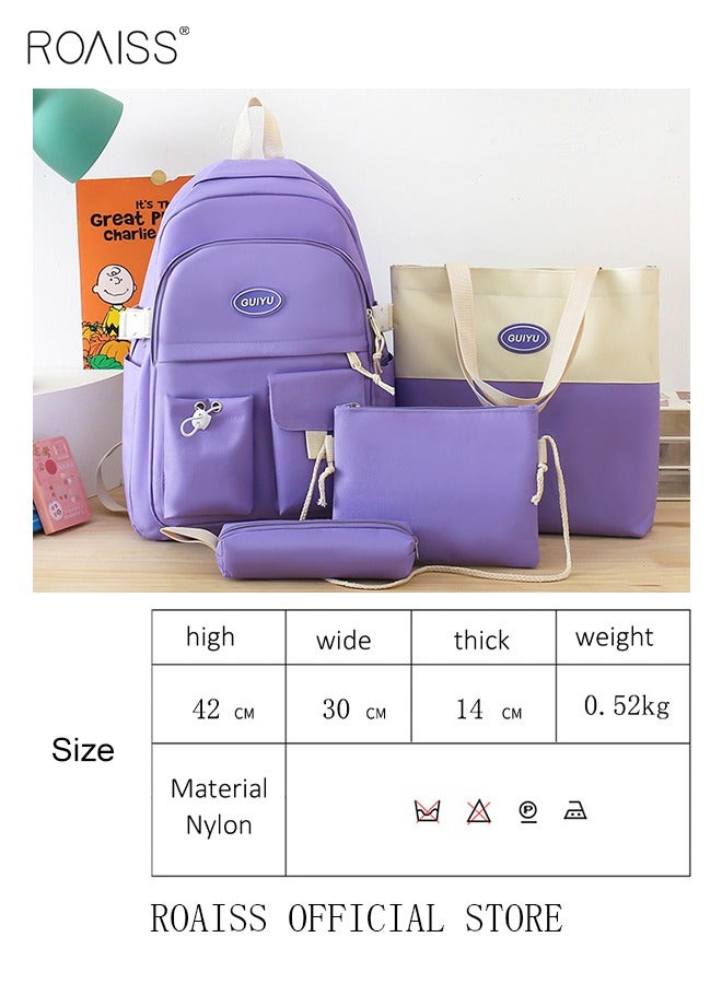 4 Pcs Letter Graphic Colorblock Backpack Set Sweet Large Capacity School Bag Bookbag Shoulder Totes Pencil Case for Kids Girls Middle School Students Purple/White