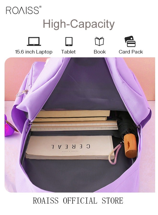 4 Pcs Letter Graphic Colorblock Backpack Set Sweet Large Capacity School Bag Bookbag Shoulder Totes Pencil Case for Kids Girls Middle School Students Purple/White