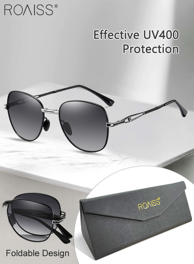 Women's Polarized Square Sunglasses, UV400 Protection Sun Glasses with Foldable Design, Fashion Anti-glare Sun Shades for Women with Glasses Case, 57mm, Black Silver